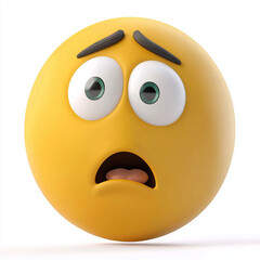 Fototapeta premium Yellow emoji with wide eyes, raised brow, and tilted mouth, expressing confusion and uncertainty, showcasing dramatic and detailed cartoonish features