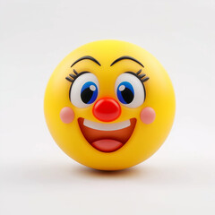 Yellow clown emoji with wide smile, big blue eyes, and red nose, symbolizing fun, humor, and playfulness in a whimsical cartoon design