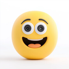 Fototapeta premium Happy yellow emoji with bright eyes, wide smile, and cheerful expression, symbolizing joy, positivity, and excitement in a playful cartoon design