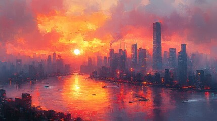 Fototapeta premium A vibrant sunset over a city skyline reflecting on the water.