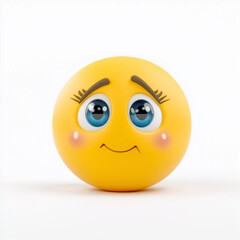 Fototapeta premium Yellow emoji with sparkling blue eyes, long lashes, and a soft smile, radiating sweetness and charm, isolated on a white background