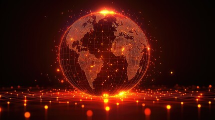 A 3D glowing wireframe globe surrounded by neon lines, rotating and casting soft reflections.