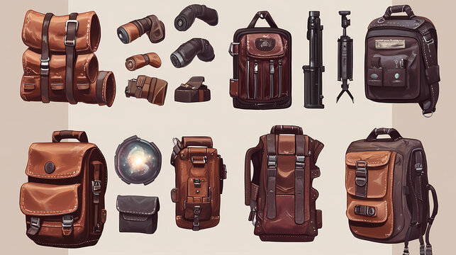 Old-school space expedition outfitters, gear for exploring unknown worlds, leather space packs. Starbound. Illustration