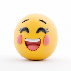 Fototapeta premium Yellow emoji with rosy cheeks, a big open-mouth smile, and joyful expression, radiating laughter, isolated on white