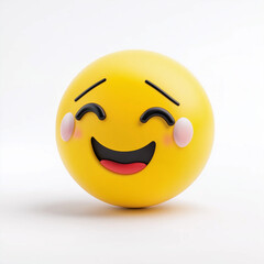 Yellow emoji with rosy cheeks, closed eyes, and a wide smile, radiating happiness and warmth, isolated on white