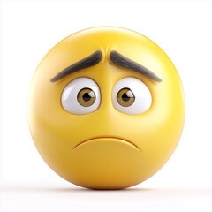 Fototapeta premium Sad yellow emoji with furrowed brows and a downturned mouth, expressing disappointment and concern, isolated on white