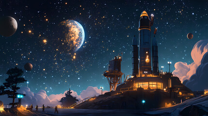 Naklejka premium Rocket starting its space exploration mission, with the starry sky as a backdrop. Starbound. Illustration