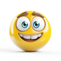 Fototapeta premium Yellow emoji with bright blue eyes, a big grin, and raised eyebrows, expressing extreme happiness, isolated on white