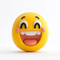 Fototapeta premium Yellow emoji with rosy cheeks, wide eyes, and a big open-mouth smile, radiating happiness and charm, isolated on white