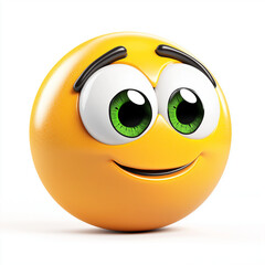 Fototapeta premium Yellow emoji with large green eyes, a slight smile, and raised eyebrows, expressing charm and friendliness, isolated on white