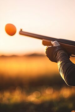 vibrant action shot of shooter taking aim at clay pigeon shotgun raised with horizon blurred behind