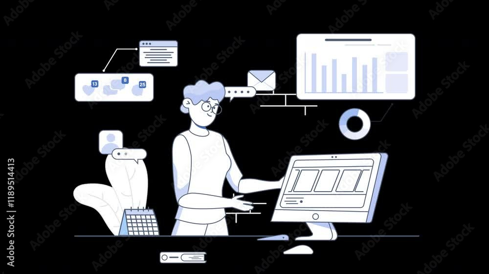 Poster a person working at a desk with multiple digital tools, representing productivity and technology in 