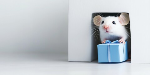 A small white mouse holding a gift box with a ribbon emerges from a miniature door, showcasing themes of curiosity and surprise.