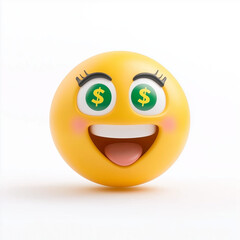 Fototapeta premium Playful yellow emoji with dollar signs in its eyes, tongue sticking out, and a mischievous grin, expressing excitement, greed, and humorous fascination with wealth, isolated on white