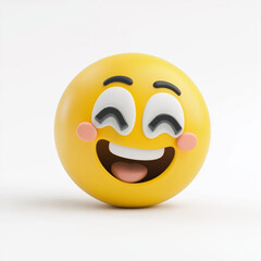 Happy yellow emoji with rosy cheeks, closed eyes, and a wide open-mouth smile, radiating pure joy and cheerful energy, isolated on white
