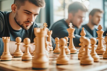 vibrant action shot of chess enthusiasts analyzing game at club their focus with surroundings softly blurred
