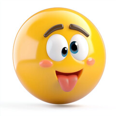 Fototapeta premium Excited yellow emoji with one raised eyebrow, wide-open eyes, and tongue sticking out, expressing enthusiasm, playfulness, and humor, isolated on white