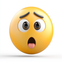 Fototapeta premium Shocked yellow emoji with wide-open eyes, furrowed brows, and tongue sticking out, expressing surprise, confusion, and mild alarm, isolated on white