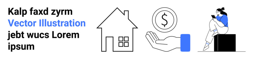 House icon, dollar in a hand, woman with laptop sitting on a block. Ideal for finance, banking, real estate, investment, business online services and technology themes. Landing page