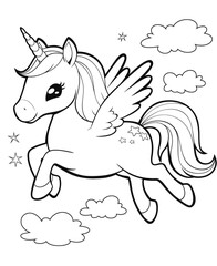 coloring page for kids cute unicorn running in the sky