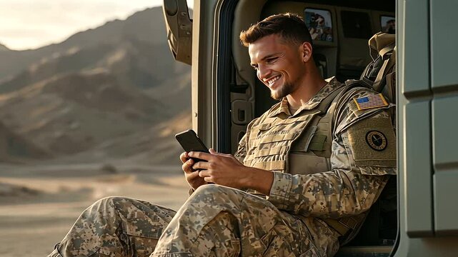 Young Soldier Video Calling Spouse from Military Vehicle