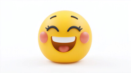 Yellow emoji with wide-open smile, closed eyes, and rosy cheeks, radiating happiness and laughter, placed against a white backdrop