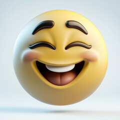 Yellow emoji with closed eyes, a broad smile, and raised eyebrows, expressing pure happiness and laughter, set against a white background