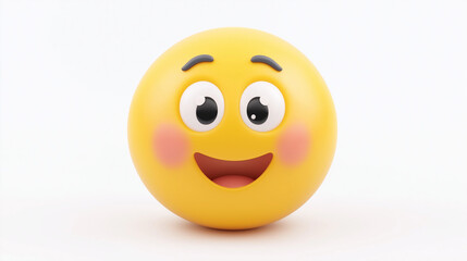 Fototapeta premium Yellow emoji with big eyes, a soft smile, and pink cheeks, showcasing friendliness and warmth, isolated on a white background