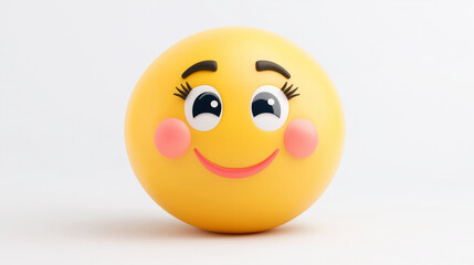 Yellow emoji with bright eyes, rosy cheeks, and a sweet smile, expressing joy and friendliness, placed on a white background