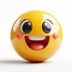 Naklejka premium Yellow emoji with large eyes, rosy cheeks, and a wide smile, showcasing friendliness and joy, placed on a white background