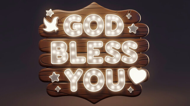 3D render of the inscription God bless you. The letters are made of glowing white light