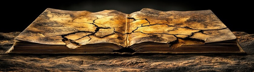 Open Aged Book with Cracked Pages on Textured Rustic Surface in Dark Atmosphere