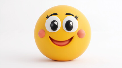 Fototapeta premium Yellow emoji with wide eyes, rosy cheeks, and a cheerful smile, showcasing excitement and friendliness, placed on a white backdrop