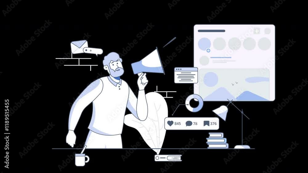 Poster a man with a beard animatedly presenting information with a megaphone in a creative workspace settin