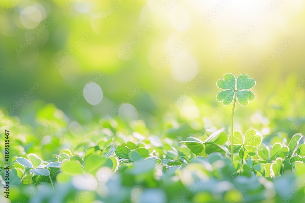 Poster vibrant clover field under soft sunlight with single shamrock in focus and softly blurred greenery b