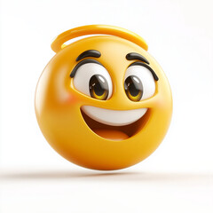 Yellow emoji with a halo, sparkling eyes, and an open smile, radiating angelic joy and energy, placed on a clean white background