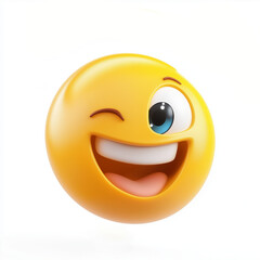Fototapeta premium Yellow emoji with a winking eye, a big smile, and a playful expression, showcasing fun and charm, isolated on a white background