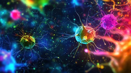 Viruses engaging with host cells in a vibrant microscopic environment showcasing intricate interactions. Generative AI