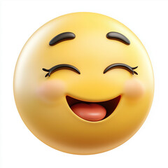 Fototapeta premium Yellow emoji with closed eyes, rosy cheeks, and a big joyful smile, radiating happiness and warmth, isolated on a white background