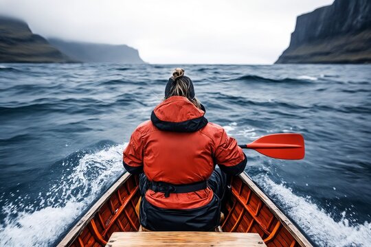 A woman in a red jacket paddling a boat in the ocean - Powered by Adobe