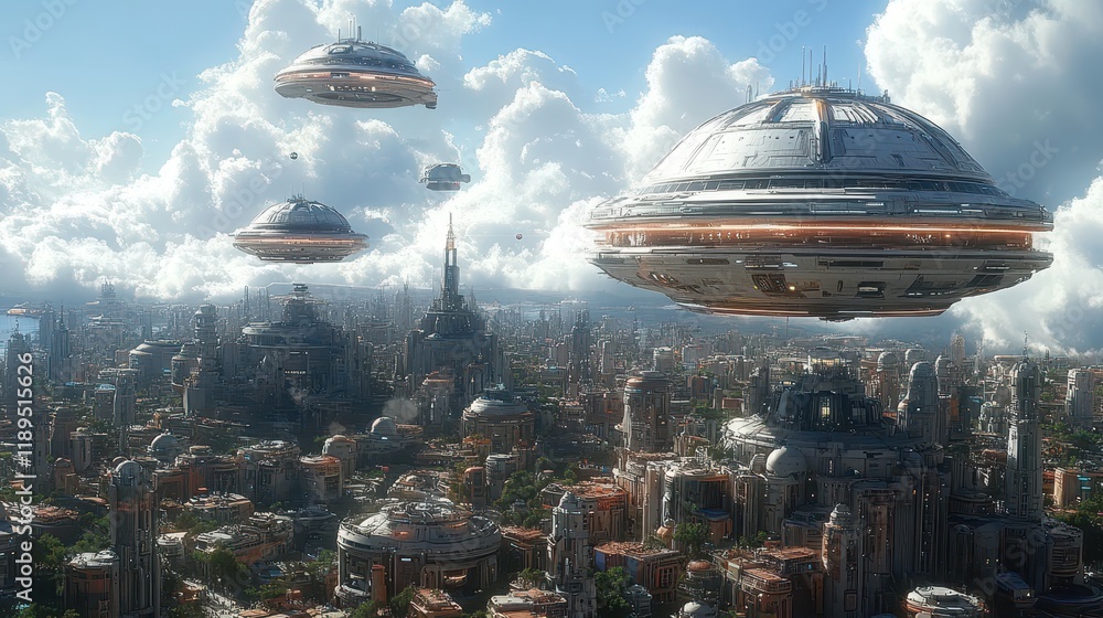 Poster futuristic cityscape with hovering spacecraft and advanced architecture.