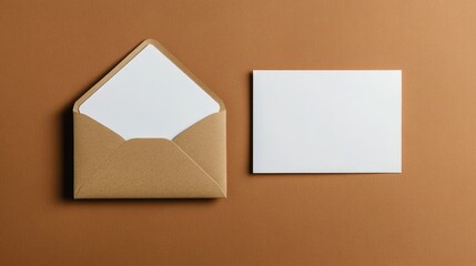 An envelope and a blank card on a brown surface, ideal for personal notes or invitations.