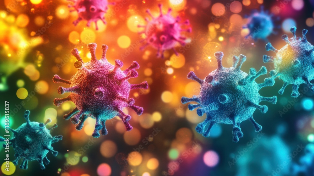 Aufkleber viruses interact with cells in a vibrant and dynamic microscopic environment full of colors and patt