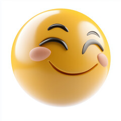 Fototapeta premium Yellow emoji with closed eyes, rosy cheeks, and a soft smile, radiating warmth and happiness, isolated on a white background