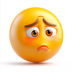 Fototapeta premium Yellow emoji with sad eyes, raised eyebrows, and a pouty mouth, showcasing sadness and regret, isolated on a clean white background