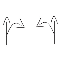 Linear handwritten arrows, vector road lines straight left and straight right, isolated on a white background