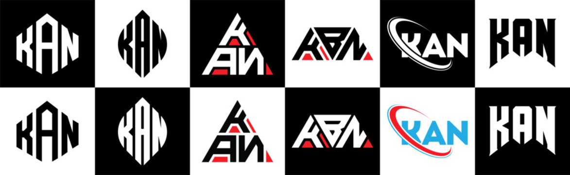 KAN letter logo design in six style. KAN polygon, circle, triangle, hexagon, flat and simple style with black and white color variation letter logo set in one artboard. KAN minimalist and classic logo