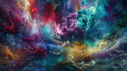 a surrealistic landscape bursting with vibrant colors and fantastical imagery, white space in the center of the page for text, bold and captivating hues against a darkened canvas