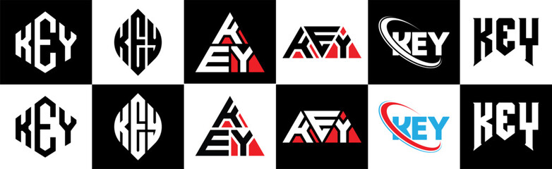 KEY letter logo design in six style. KEY polygon, circle, triangle, hexagon, flat and simple style with black and white color variation letter logo set in one artboard. KEY minimalist and classic logo