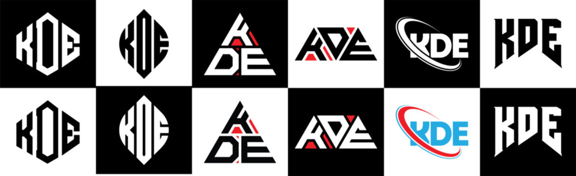 KDE letter logo design in six style. KDE polygon, circle, triangle, hexagon, flat and simple style with black and white color variation letter logo set in one artboard. KDE minimalist and classic logo